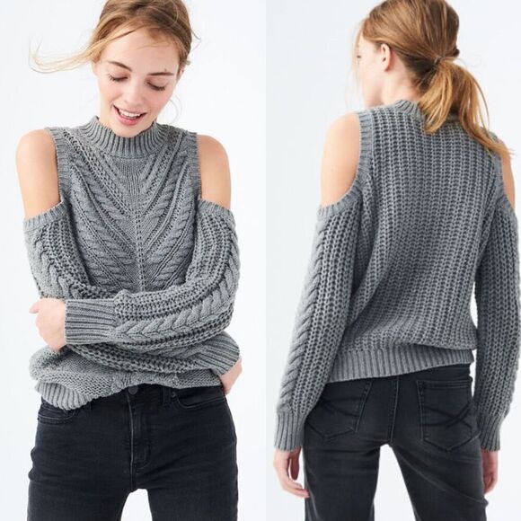 Aeropostale Yellow Mustard Cable Knit Cold Shoulder Sweater Large - Picture 2 of 5